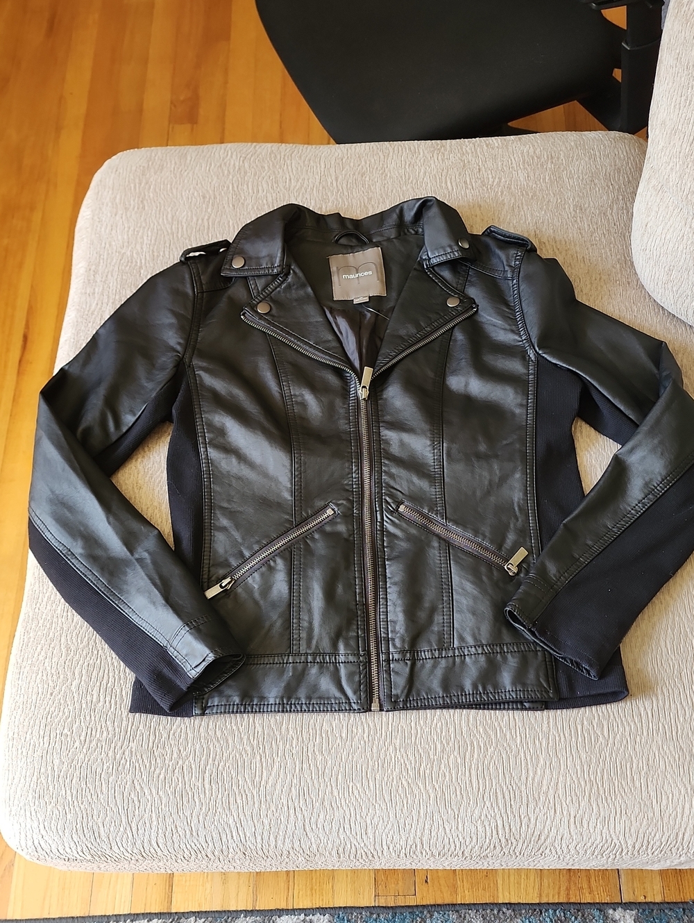 Maurices Black Faux Leather Moto Jacket with Knit Side Panels